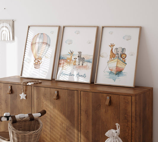 Set of 3 Safari Animal Prints for Nursery, Kids Bedroom or Playroom - Gender Neutral Decor for Babies Room - Hot Air Balloon, Animal Ark - RoseRowanDesign