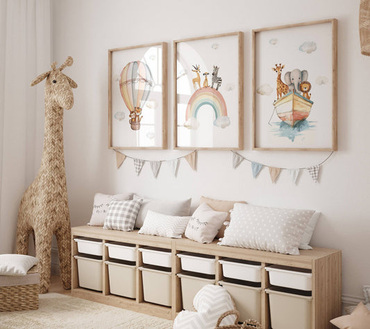Set of 3 Safari Animal Prints for Nursery, Kids Bedroom or Playroom - Gender Neutral Decor for Babies Room - Hot Air Balloon, Boat & Rainbow - RoseRowanDesign