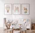 Load image into Gallery viewer, Set of 3 Safari Animal Prints for Nursery, Kids Bedroom or Playroom - Gender Neutral Decor for Babies Room - Hot Air Balloon, Boat & Rainbow - RoseRowanDesign

