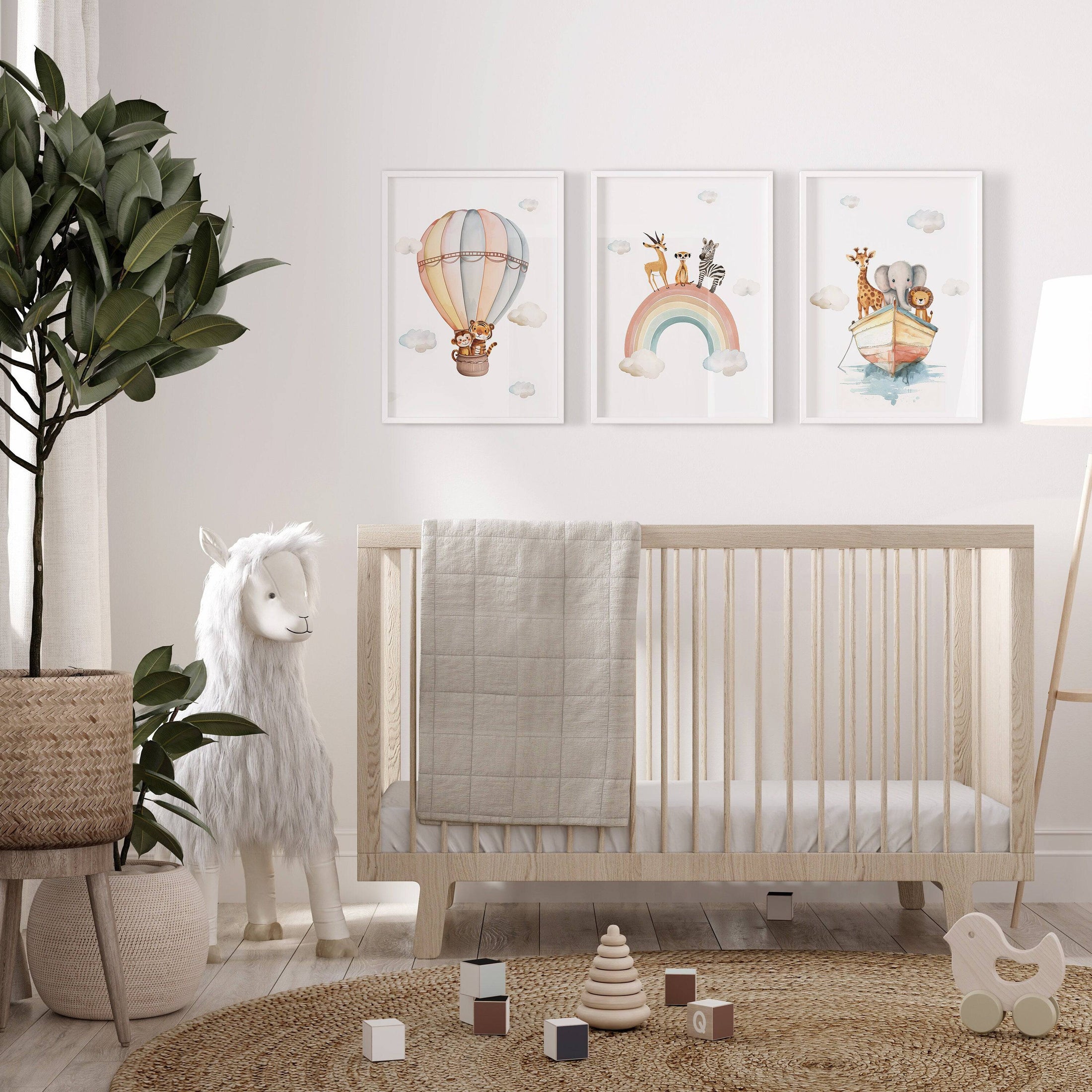 Set of 3 Safari Animal Prints for Nursery, Kids Bedroom or Playroom - Gender Neutral Decor for Babies Room - Hot Air Balloon, Boat & Rainbow - RoseRowanDesign