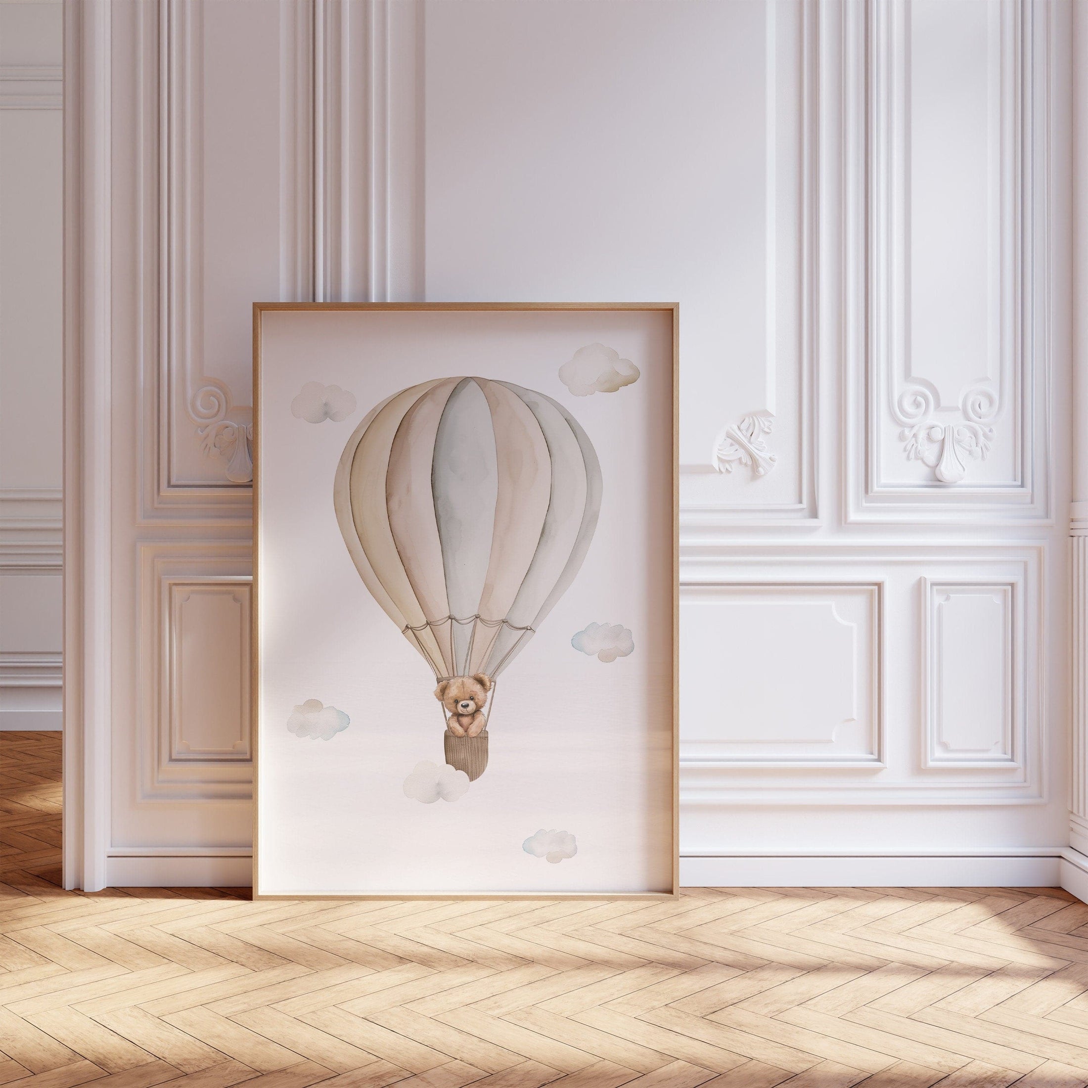 Set of 3 Teddy Bear Hot Air Balloon Prints for Nursery, Kids Bedroom or Playroom - Gender Neutral Decor for Babies Room - Beige Toddler Art - RoseRowanDesign