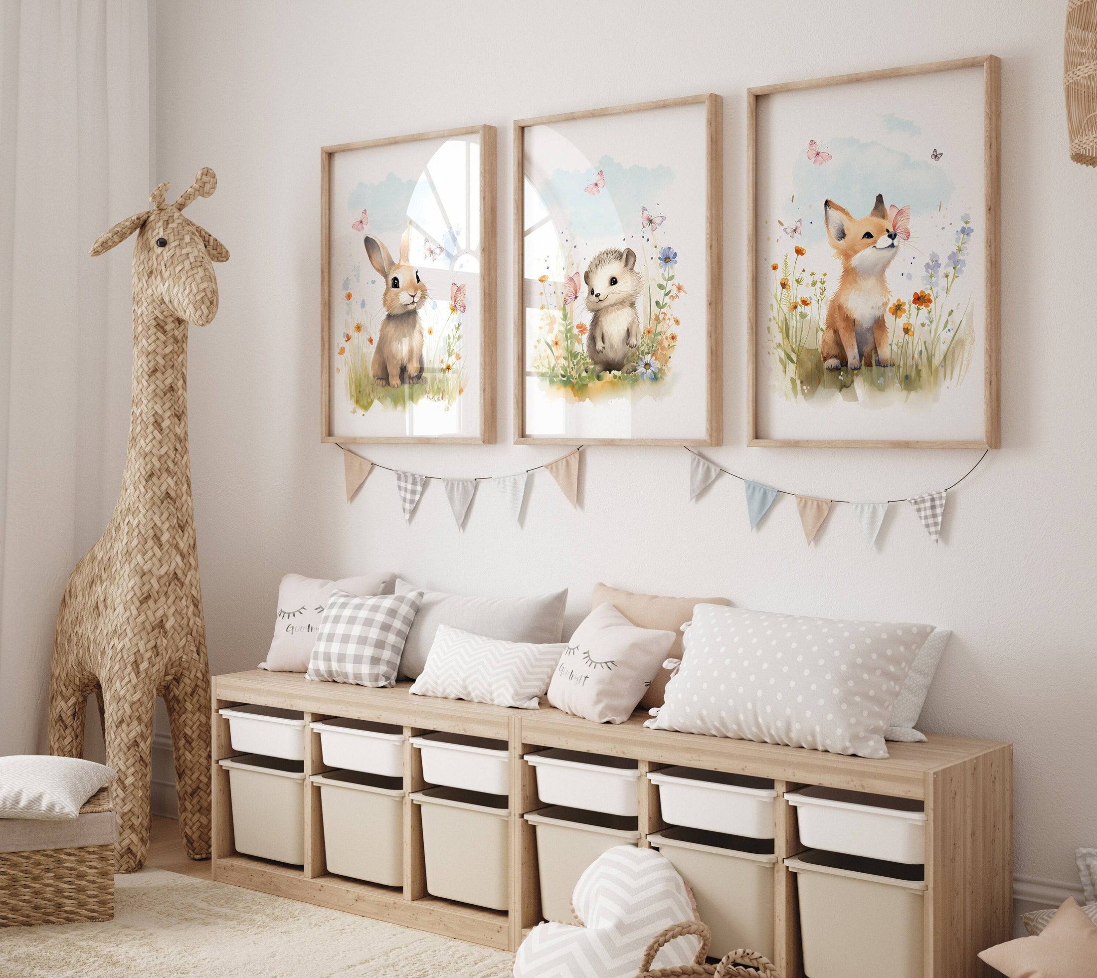 Set of 3 Woodland Animal Nursery Wall Prints, Wildflower Pictures for Babies Bedroom, Unisex Children's Room Decor, Toddler Playroom Posters - RoseRowanDesign