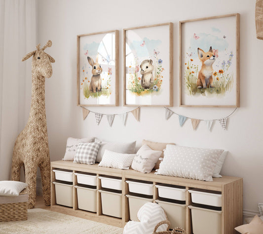 Set of 3 Woodland Animal Nursery Wall Prints, Wildflower Pictures for Babies Bedroom, Unisex Children's Room Decor, Toddler Playroom Posters - RoseRowanDesign