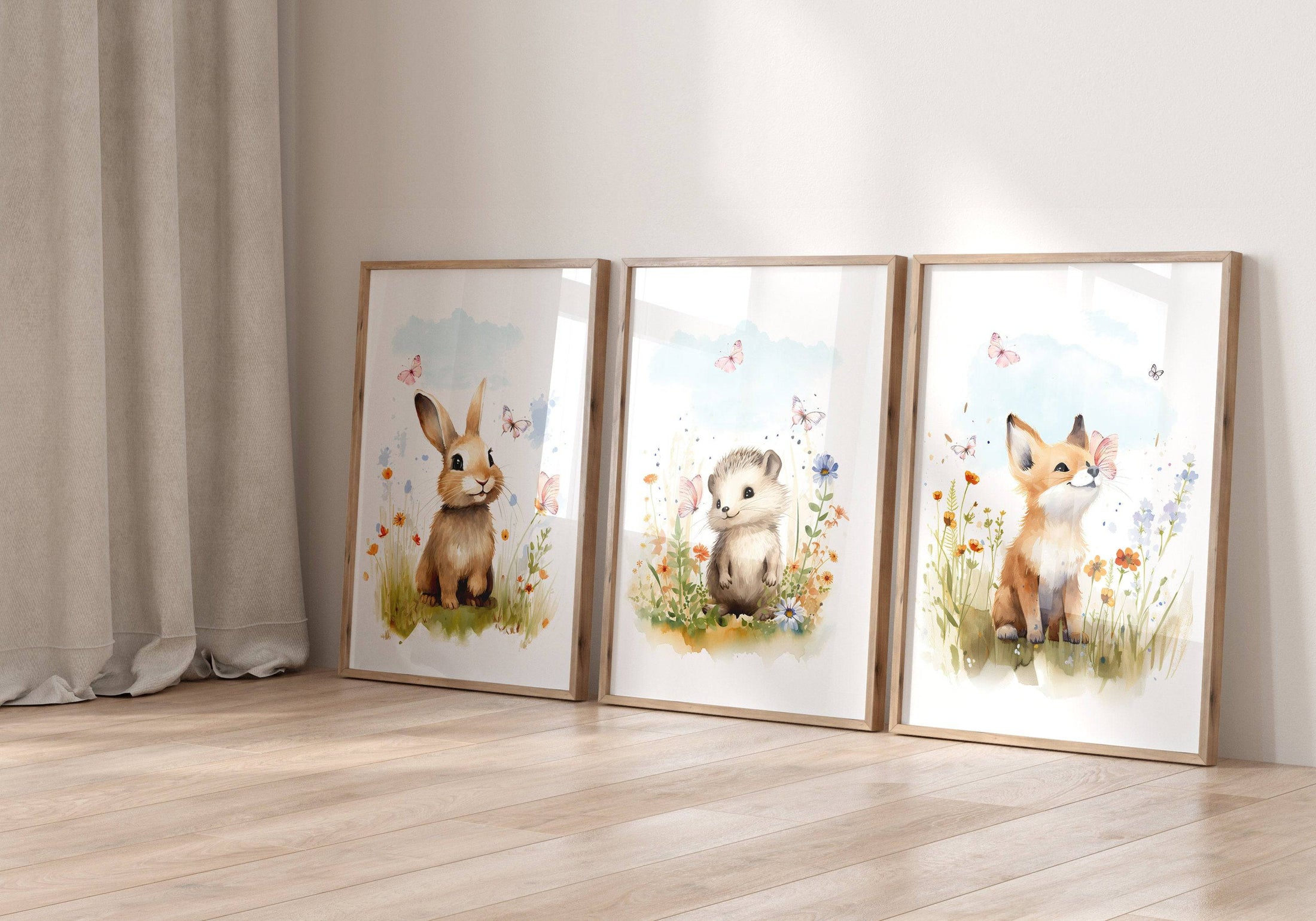 Set of 3 Woodland Animal Nursery Wall Prints, Wildflower Pictures for Babies Bedroom, Unisex Children's Room Decor, Toddler Playroom Posters - RoseRowanDesign