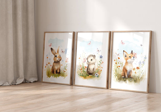 Set of 3 Woodland Animal Nursery Wall Prints, Wildflower Pictures for Babies Bedroom, Unisex Children's Room Decor, Toddler Playroom Posters - RoseRowanDesign