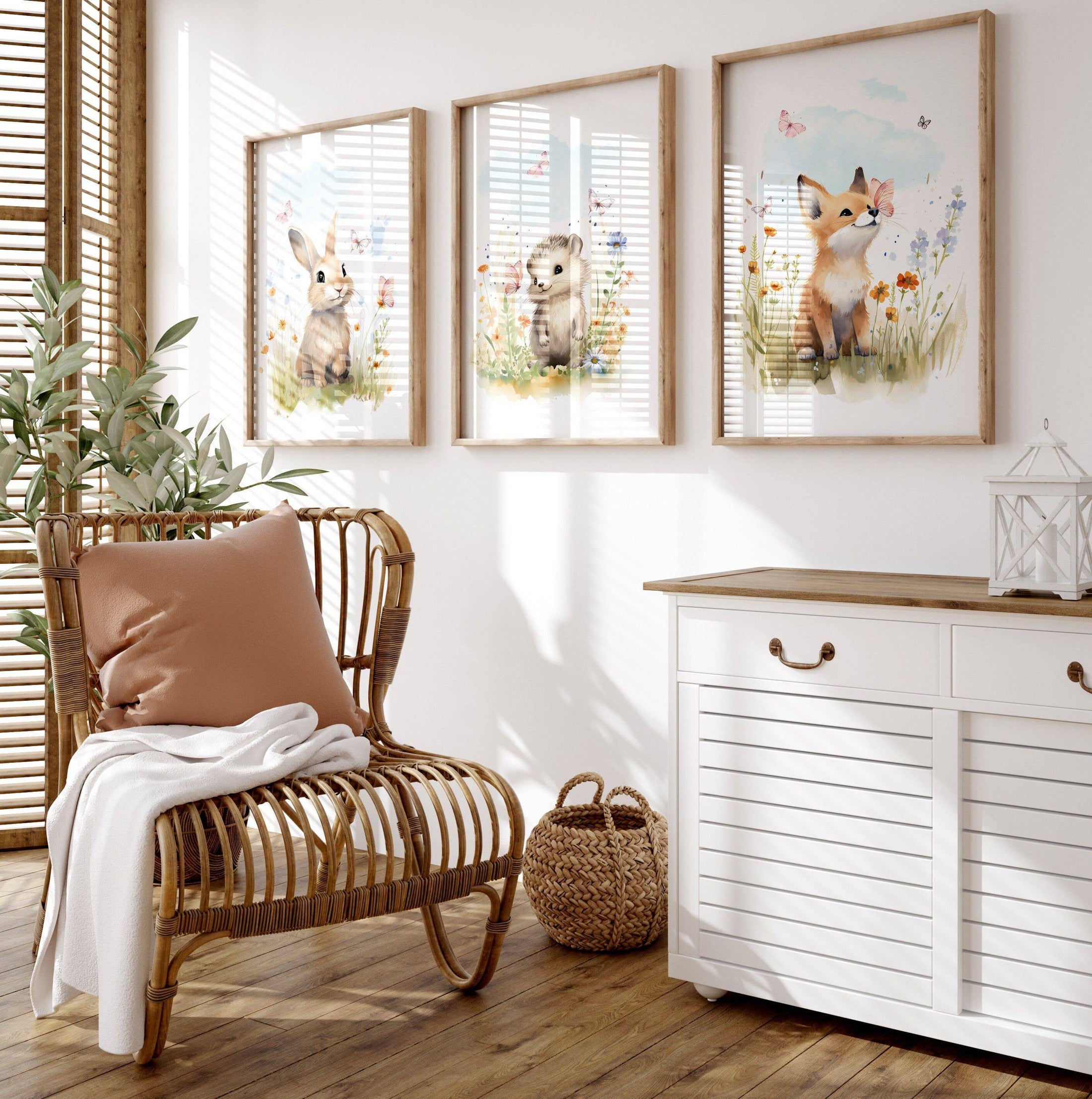 Set of 3 Woodland Animal Nursery Wall Prints, Wildflower Pictures for Babies Bedroom, Unisex Children's Room Decor, Toddler Playroom Posters - RoseRowanDesign