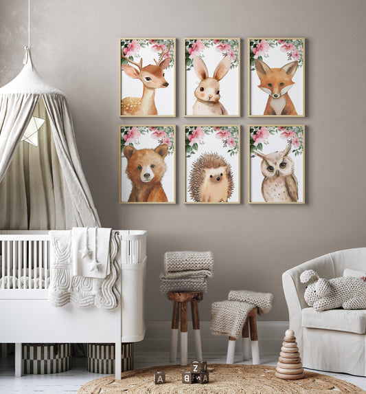 Set of 6 Woodland Animal Nursery Prints | Pink Forest Decor | Kids Wall Art Posters - RoseRowanDesign