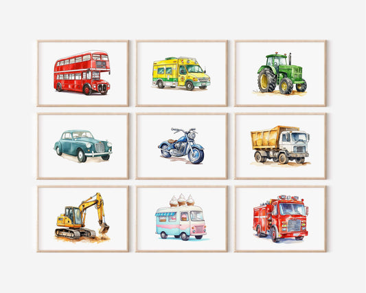 Vehicles Wall Art Set | Choice of 9, 6, 4, or 3 Prints | Transport & Construction Theme for Boys' Room - RoseRowanDesign