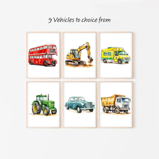 Vehicles Wall Art Set | Transport Nursery Prints | Available in Sets of 9, 6, 4, or 3 for Boys' Room - RoseRowanDesign