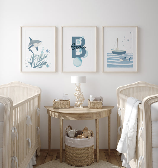 Shark Nursery Prints | Set of 3 | Personalised Wall Art for Boys' Room - RoseRowanDesign