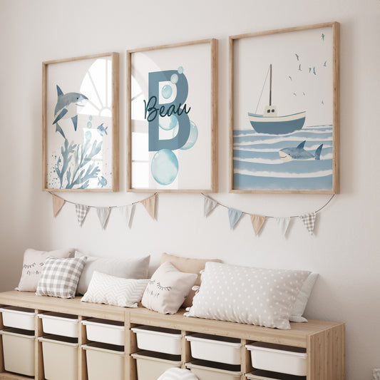 Shark Nursery Prints | Set of 3 | Personalised Wall Art for Boys' Room - RoseRowanDesign