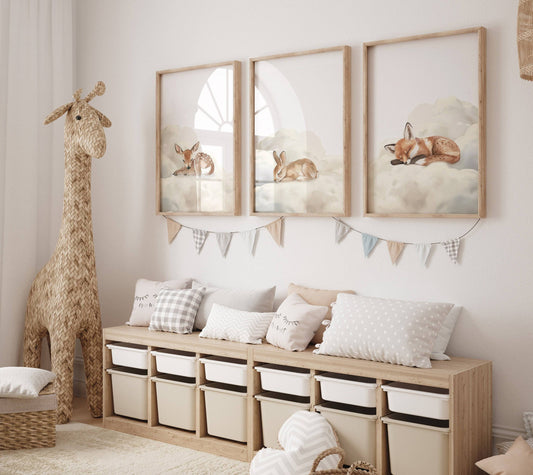 Sleeping Animals Nursery Wall Prints | Set of 3 | Bunny, Fox & Deer for Gender-Neutral Baby Room - RoseRowanDesign