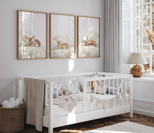 Sleeping Animals Nursery Wall Prints | Set of 3 | Bunny, Fox & Deer for Gender-Neutral Baby Room - RoseRowanDesign