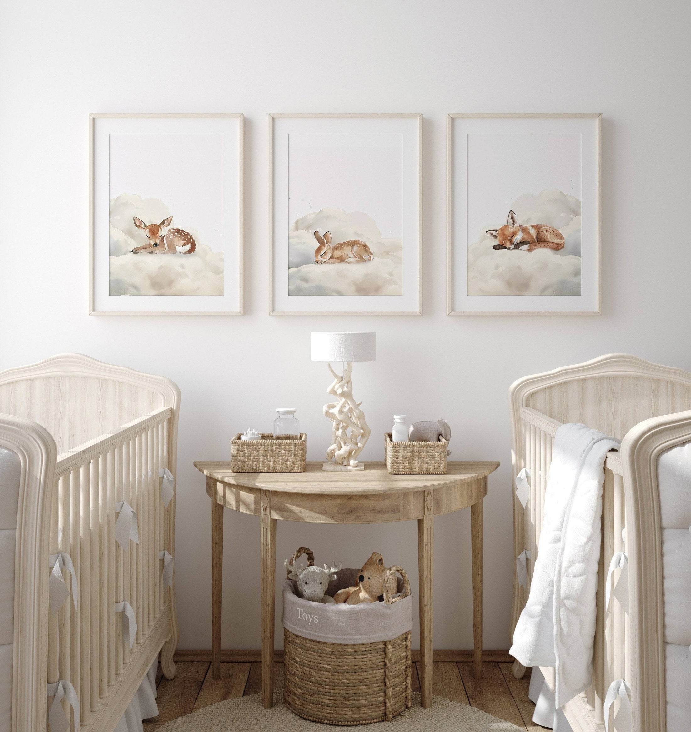 Sleeping Animals Nursery Wall Prints | Set of 3 | Bunny, Fox & Deer for Gender-Neutral Baby Room - RoseRowanDesign