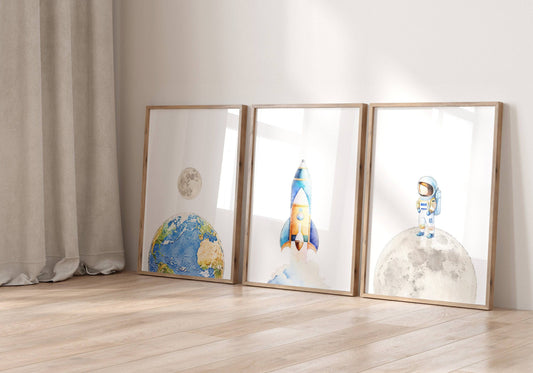 Space Nursery Prints | Set of 3 | Astronaut, Rocket Ship & Moon Wall Art for Boys' Room - RoseRowanDesign