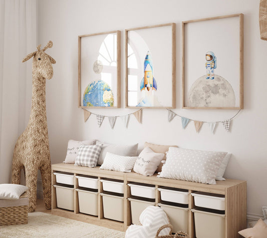 Space Nursery Prints | Set of 3 | Astronaut, Rocket Ship & Moon Wall Art for Boys' Room - RoseRowanDesign