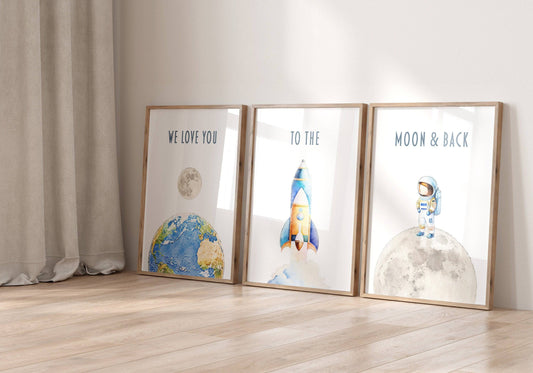Space Nursery Prints | Set of 3 | Astronaut & Rocket Wall Art for Boys' Room or Playroom - RoseRowanDesign