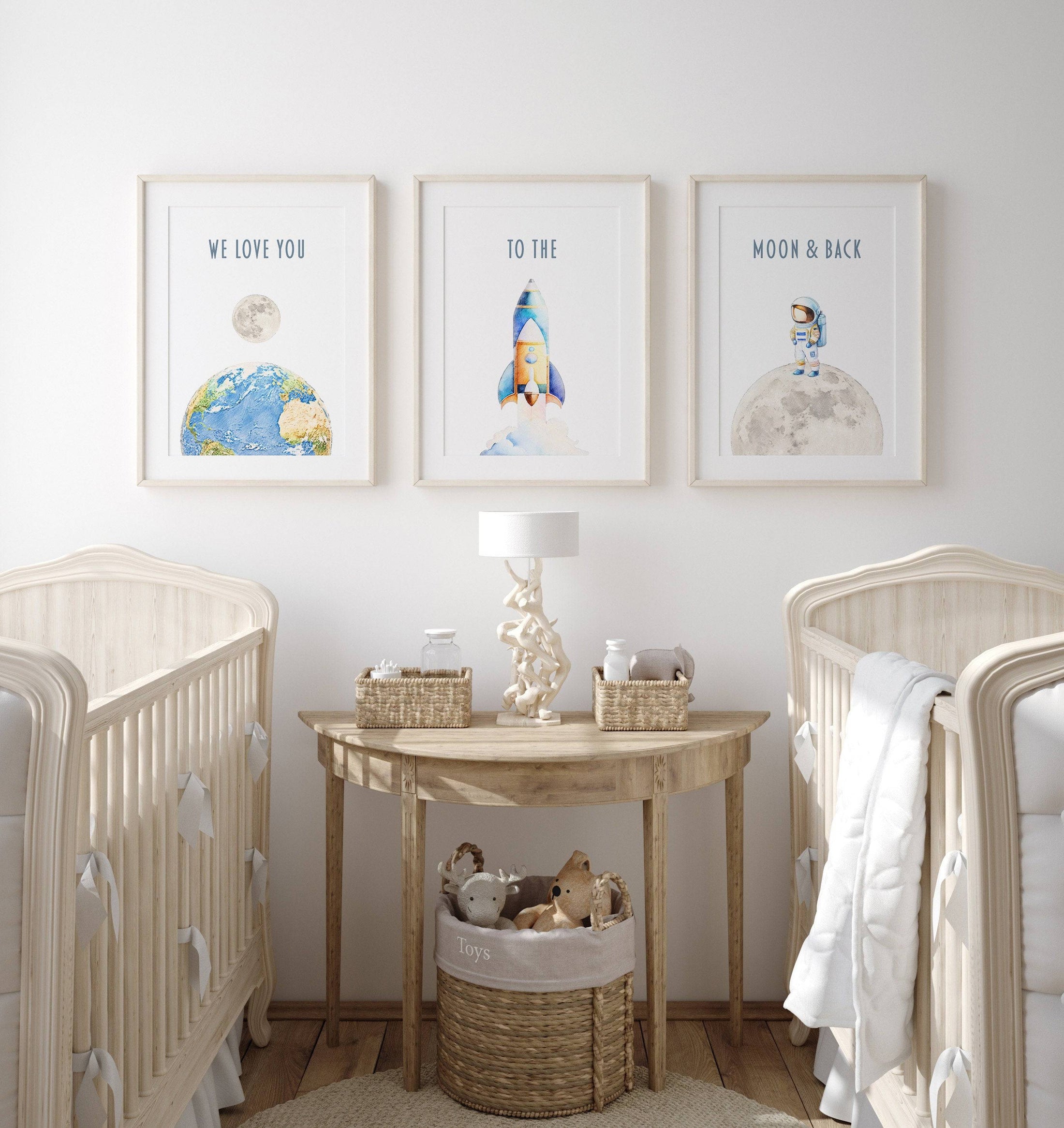 Space Nursery Prints | Set of 3 | Astronaut & Rocket Wall Art for Boys' Room or Playroom - RoseRowanDesign