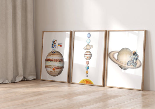 Space Nursery Prints | Set of 3 | Solar System & Astronaut Decor for Boys' Room - RoseRowanDesign