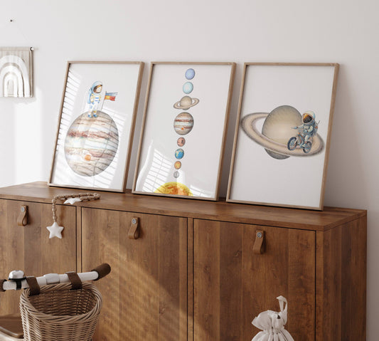 Space Nursery Prints | Set of 3 | Solar System & Astronaut Decor for Boys' Room - RoseRowanDesign