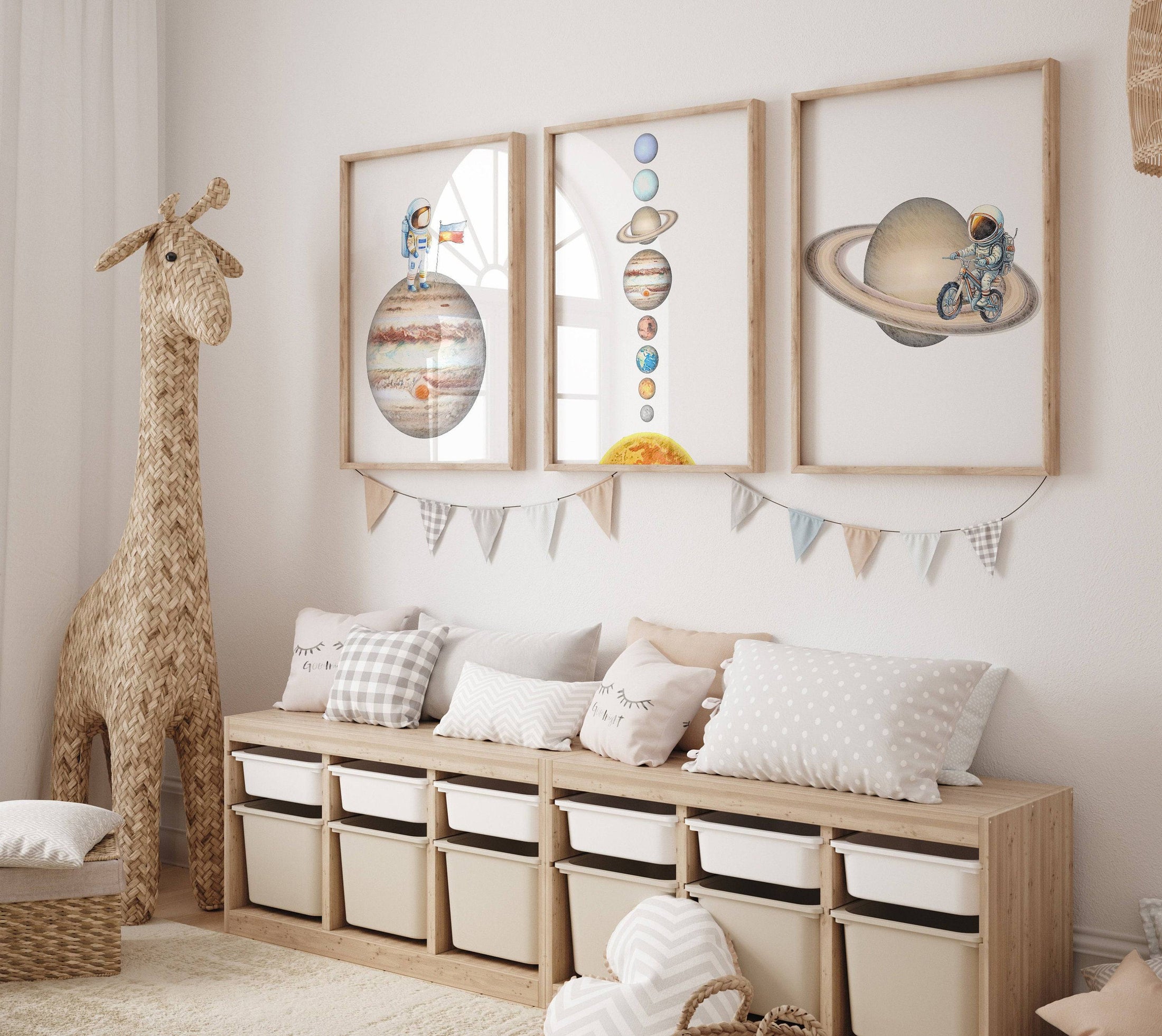 Space Nursery Prints | Set of 3 | Solar System & Astronaut Decor for Boys' Room - RoseRowanDesign