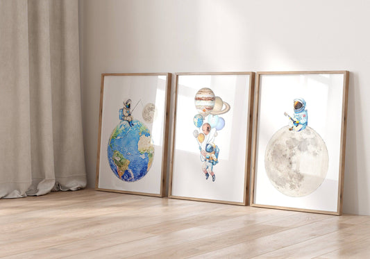 Space Nursery Prints | Set of 3 | Solar System & Astronaut Wall Art for Boys' Room - RoseRowanDesign