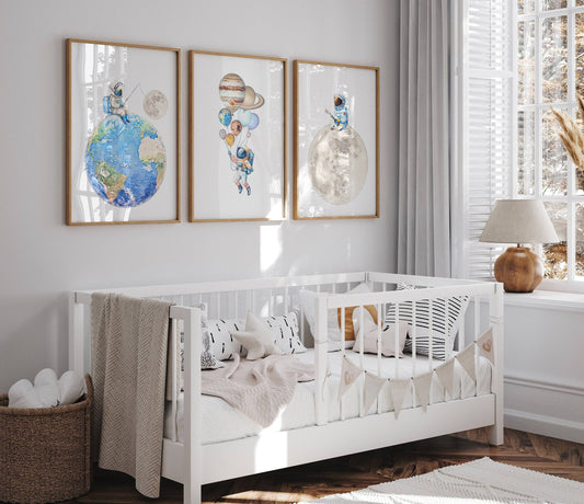 Space Nursery Prints | Set of 3 | Solar System & Astronaut Wall Art for Boys' Room - RoseRowanDesign