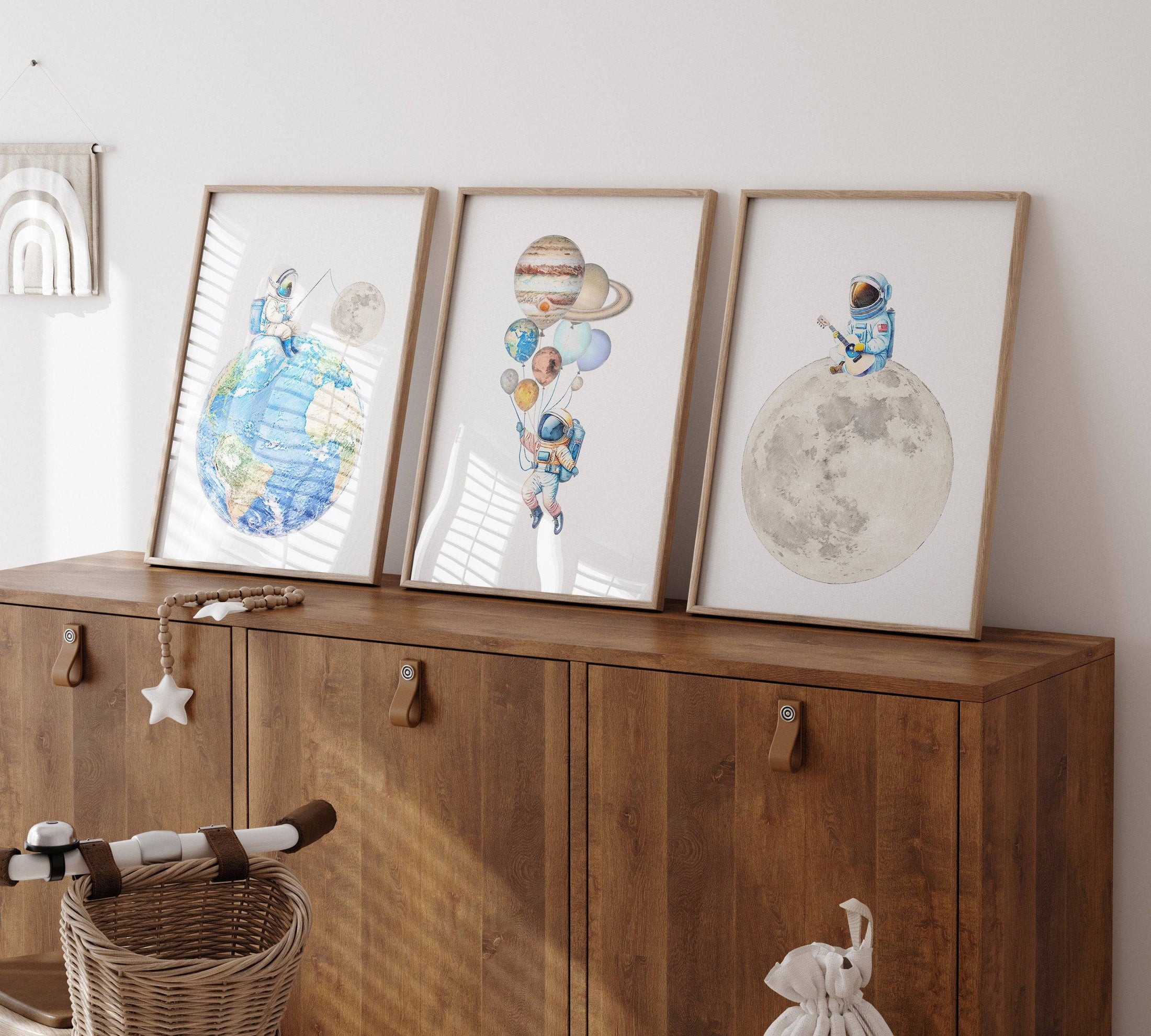 Space Nursery Prints | Set of 3 | Solar System & Astronaut Wall Art for Boys' Room - RoseRowanDesign