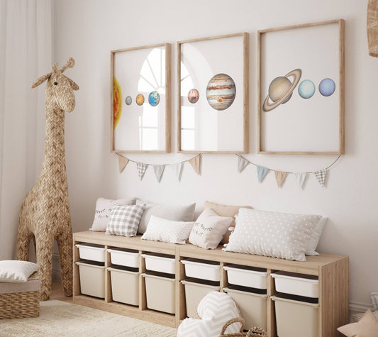 Space Nursery Prints | Set of 3 | Solar System & Astronaut Wall Art for Toddler Boy's Room - RoseRowanDesign