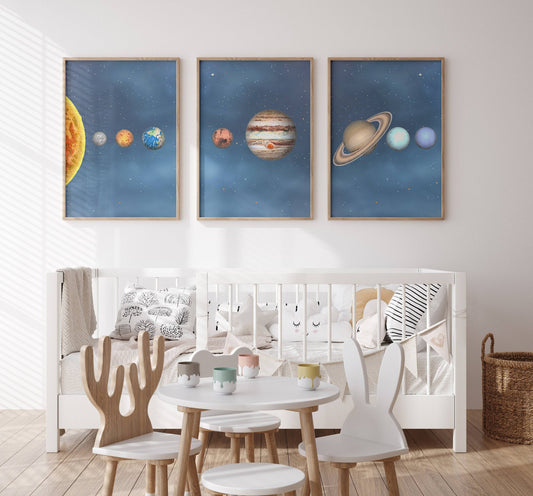 Space Nursery Prints | Set of 3 | Solar System, Planets & Stars Decor for Boys' Room - RoseRowanDesign