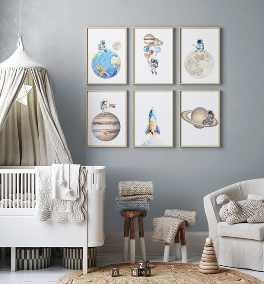 Space Nursery Prints | Set of 6 | Solar System & Astronaut Decor for Boys' Room - RoseRowanDesign