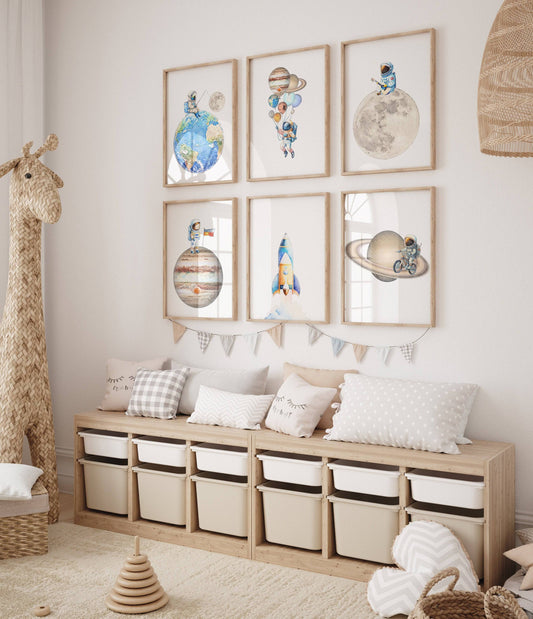 Space Nursery Prints | Set of 6 | Solar System & Astronaut Decor for Boys' Room - RoseRowanDesign