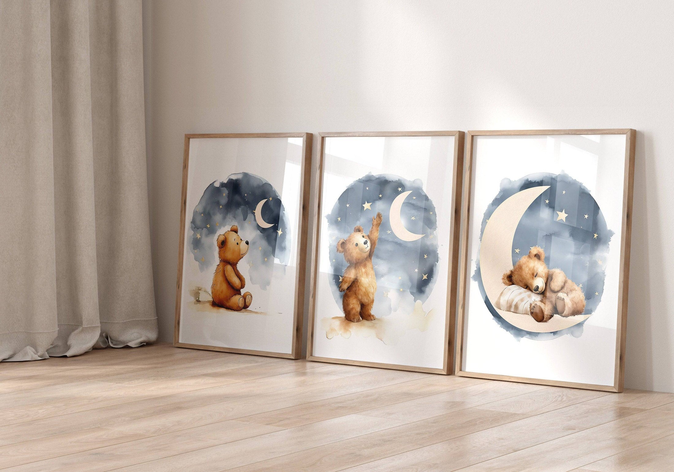 Teddy Bear Nursery Prints | Set of 3 | Boho Wall Art for Baby Boys' or Gender-Neutral Nursery - RoseRowanDesign