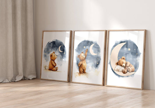 Teddy Bear Nursery Prints | Set of 3 | Boho Wall Art for Baby Boys' or Gender-Neutral Nursery - RoseRowanDesign