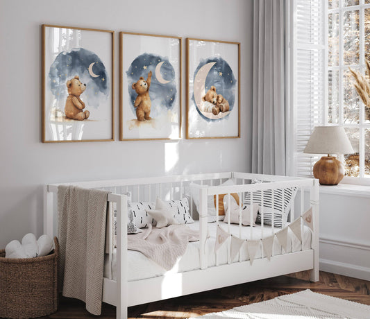 Teddy Bear Nursery Prints | Set of 3 | Boho Wall Art for Baby Boys' or Gender-Neutral Nursery - RoseRowanDesign