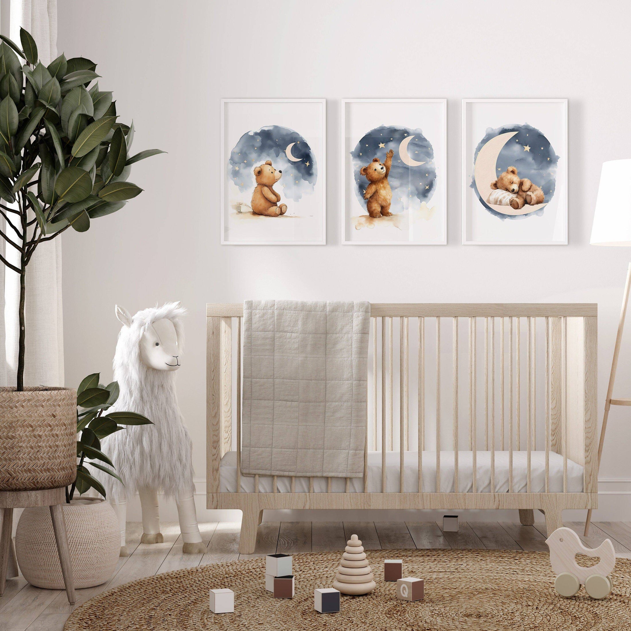 Teddy Bear Nursery Prints | Set of 3 | Boho Wall Art for Baby Boys' or Gender-Neutral Nursery - RoseRowanDesign