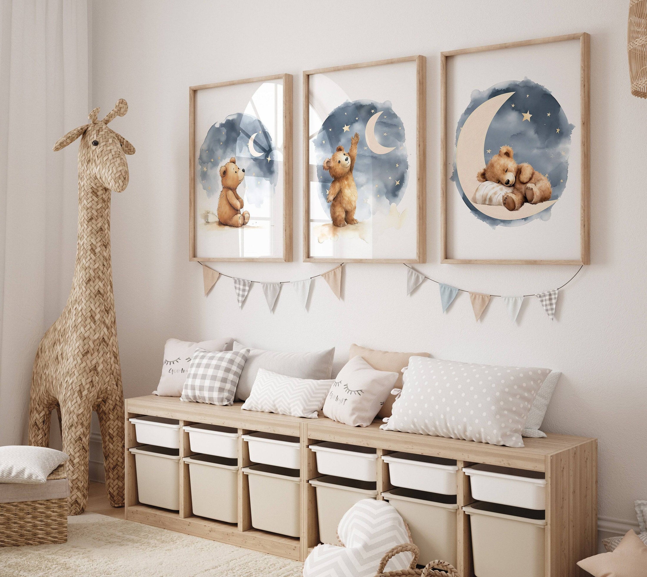 Teddy Bear Nursery Prints | Set of 3 | Boho Wall Art for Baby Boys' or Gender-Neutral Nursery - RoseRowanDesign