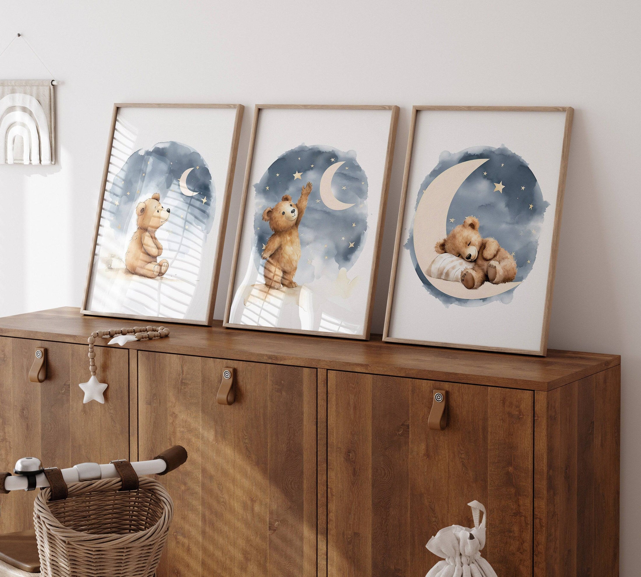 Teddy Bear Nursery Prints | Set of 3 | Boho Wall Art for Baby Boys' or Gender-Neutral Nursery - RoseRowanDesign