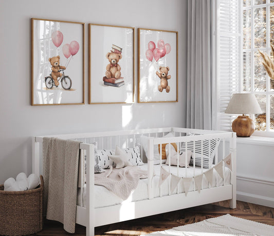 Teddy Bear Nursery Prints | Set of 3 | Boho Wall Art with Pink Balloons for Baby Girls' Room - RoseRowanDesign