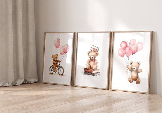 Teddy Bear Nursery Prints | Set of 3 | Boho Wall Art with Pink Balloons for Baby Girls' Room - RoseRowanDesign