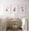 Load image into Gallery viewer, Teddy Bear Nursery Prints | Set of 3 | Boho Wall Art with Pink Balloons for Baby Girls' Room - RoseRowanDesign
