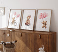 Load image into Gallery viewer, Teddy Bear Nursery Prints | Set of 3 | Boho Wall Art with Pink Balloons for Baby Girls' Room - RoseRowanDesign
