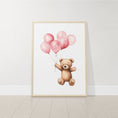 Load image into Gallery viewer, Teddy Bear Nursery Prints | Set of 3 | Boho Wall Art with Pink Balloons for Baby Girls' Room - RoseRowanDesign
