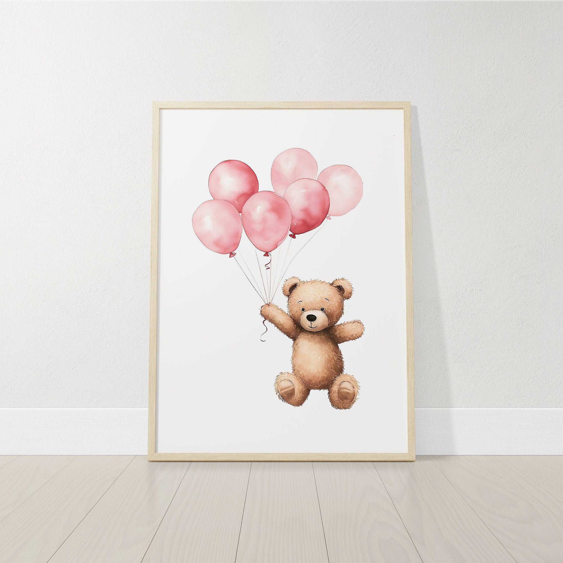 Teddy Bear Nursery Prints | Set of 3 | Boho Wall Art with Pink Balloons for Baby Girls' Room - RoseRowanDesign