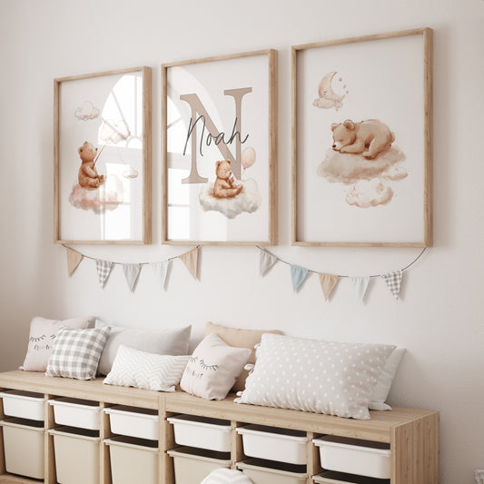 Teddy Nursery Prints | Set of 3 | Personalised Wall Art for childs' Room - RoseRowanDesign