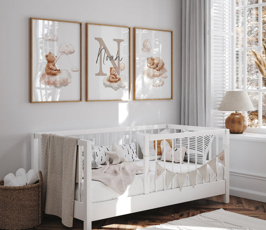 Teddy Nursery Prints | Set of 3 | Personalised Wall Art for childs' Room - RoseRowanDesign