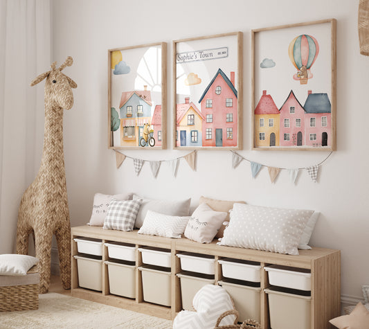 Tiny Town Nursery Prints | Set of 3 | Personalised Wall Art for childs' Room - RoseRowanDesign