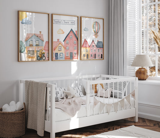 Tiny Town Nursery Prints | Set of 3 | Personalised Wall Art for childs' Room - RoseRowanDesign