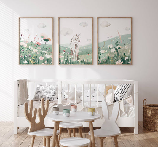 Unicorn Bedroom Prints | Set of 3 | Flower Meadow Wall Art for Girls' Nursery - RoseRowanDesign