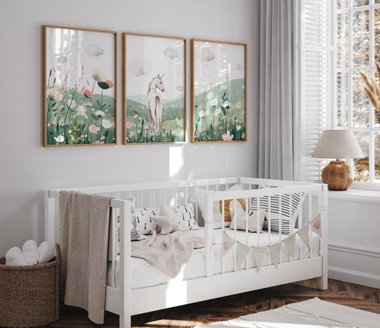 Unicorn Bedroom Prints | Set of 3 | Flower Meadow Wall Art for Girls' Nursery - RoseRowanDesign